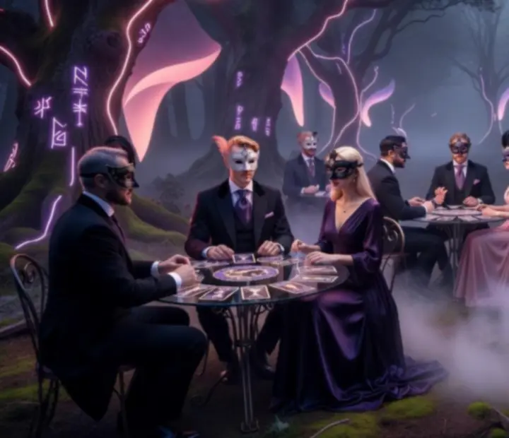 Magiczny las i bal maskowy w scenografii eventu z kartami na szklanych stołach