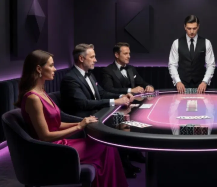 Elegancki wieczór pokerowy offline z neonową oprawą i stołem eventowym