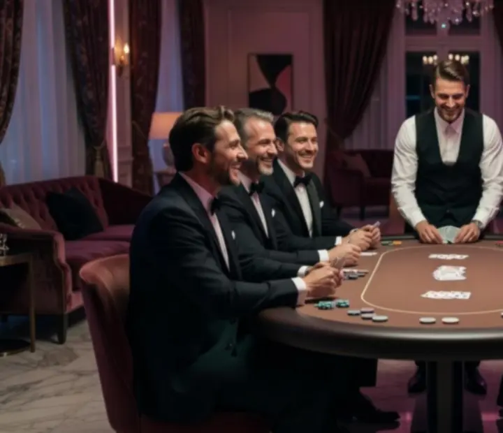 Profesjonalny stół pokerowy z kartami i żetonami przygotowany na prywatny wieczór.